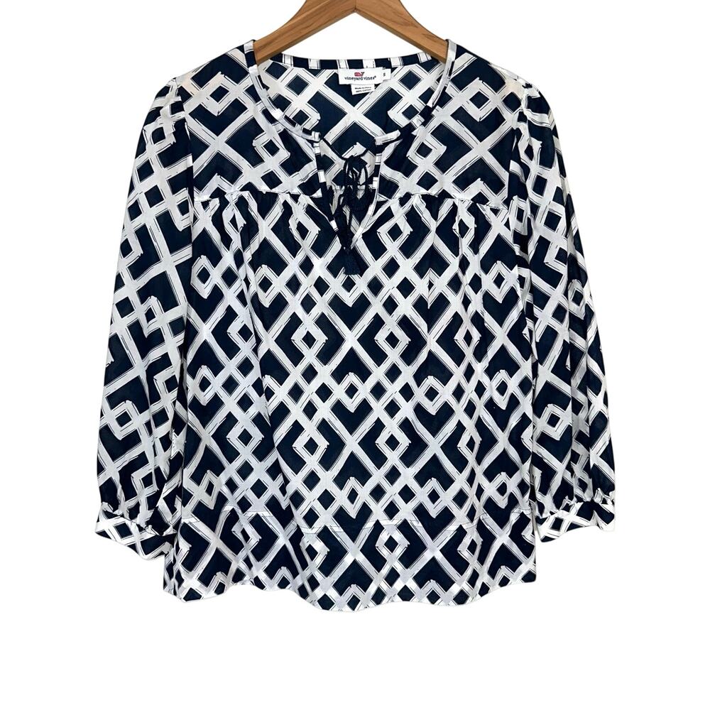 Vineyard Vines Women's Navy White Lattice Print Cotton Peasant Top Size S